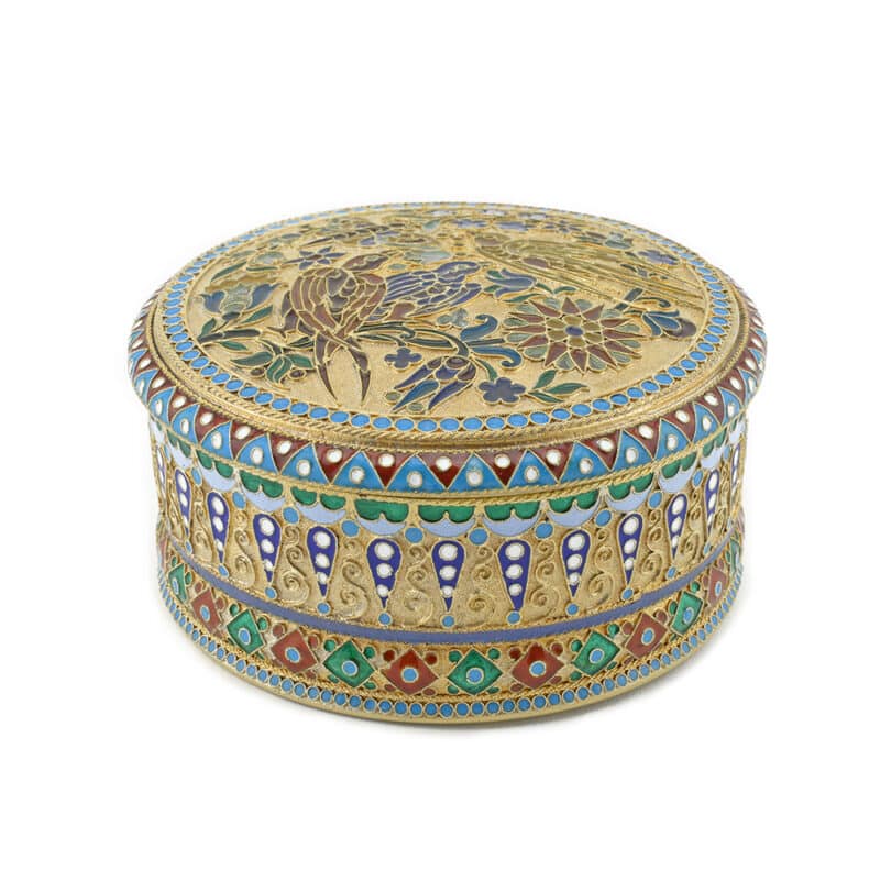 A Russian Silver Gilt, Cloisonne and Plique-a-jour Enamel Box, Ovchinnikov