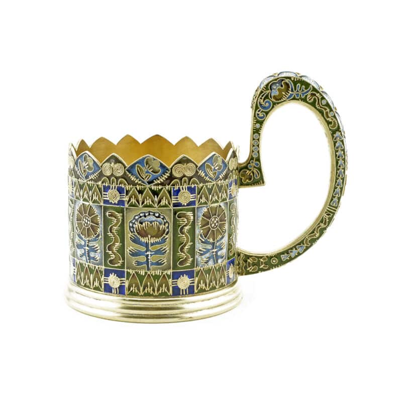 A Faberge Silver and Shaded Cloisonne Enamel Tea Glass Holder