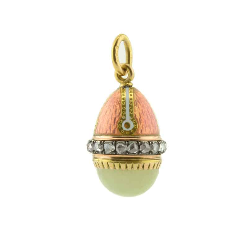 A Faberge gold, diamond, enamel and bowenite miniature pendant egg, Henrik Wigstrom