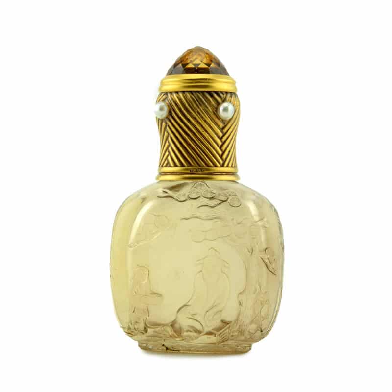 Faberge Gold, Pearl, Jeweled and Carved Smoky Quartz Scent Bottle, Workmaster Eduard Schramm