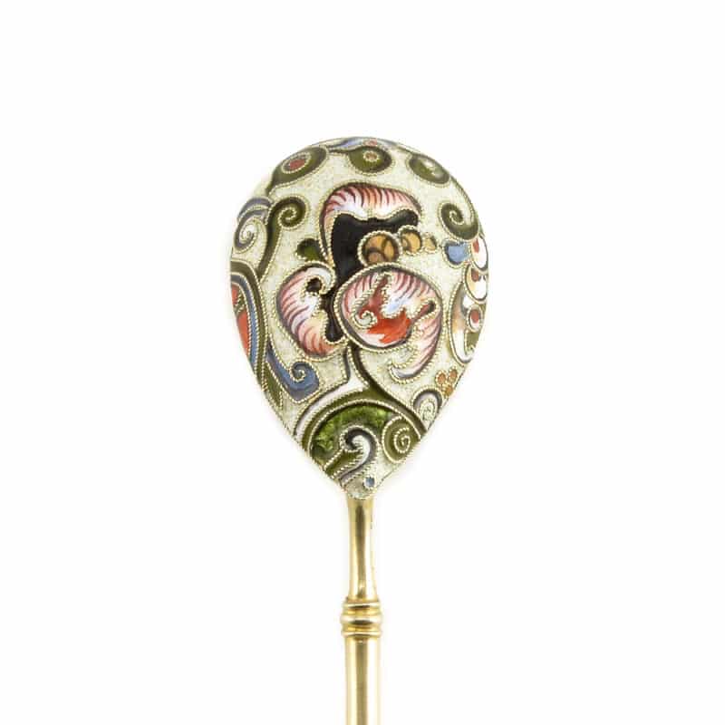 A Fabergé silver gilt & shaded cloisonné enamel demitasse spoon by Feodor Rückert