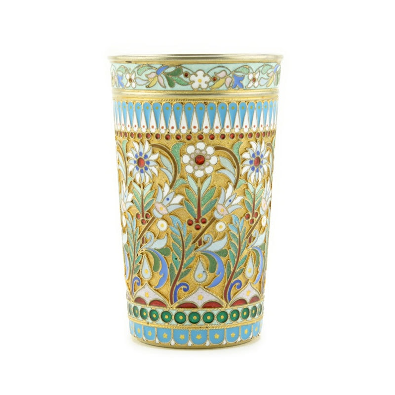 An Ovchinnikov cloisonné enamel beaker with sunflowers