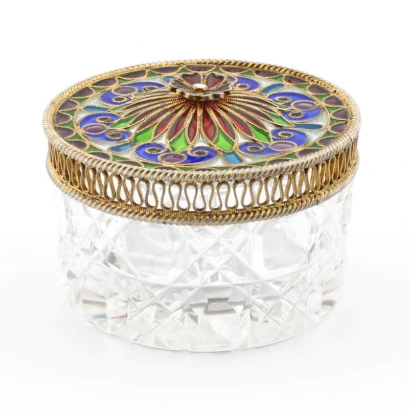 A Norwegian gilded silver & plique-a-jour enamel lidded cut glass trinket or vanity box