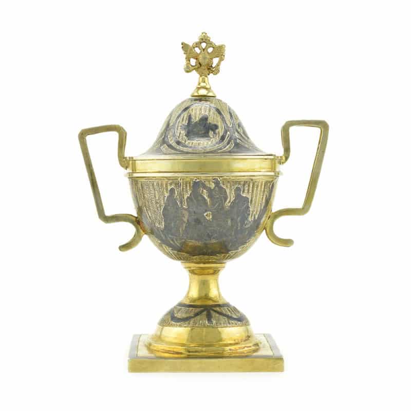 An extremely rare gilded silver & niello covered Imperial salt dated 1801