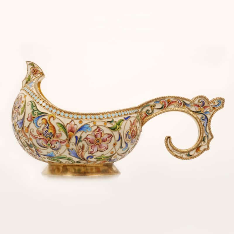 Feodor Rückert shaded enamel kovsh for Ovchinnikov - Image 2