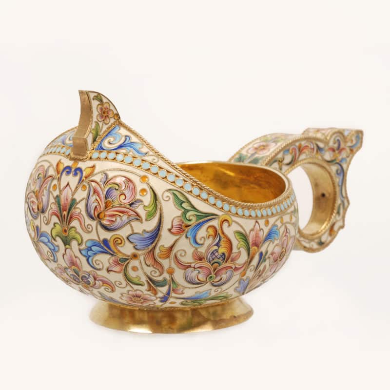 Feodor Rückert shaded enamel kovsh for Ovchinnikov