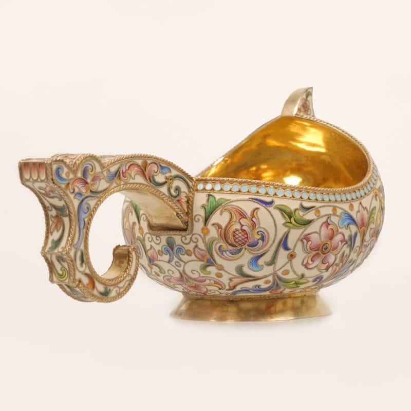 Feodor Rückert shaded enamel kovsh for Ovchinnikov - Image 4