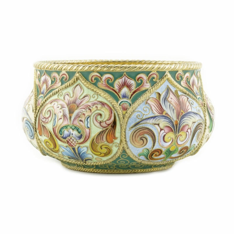 An antique Russian shaded cloisonné enamel bowl with tulips by Feodor Rückert
