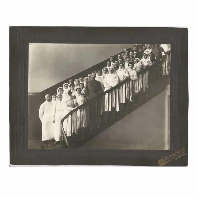 An original photograph of Tsar Nicholas II with staff of a military hospital, circa 1915