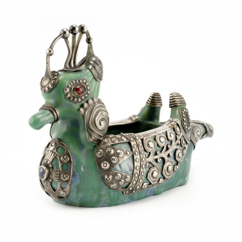 An extremely rare Fabergé gem-set silver-mounted ceramic duck form kovsh from the Imperial Stroganov School - Image 2