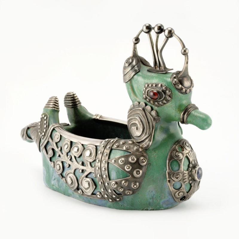 An extremely rare Fabergé gem-set silver-mounted ceramic duck form kovsh from the Imperial Stroganov School - Image 3