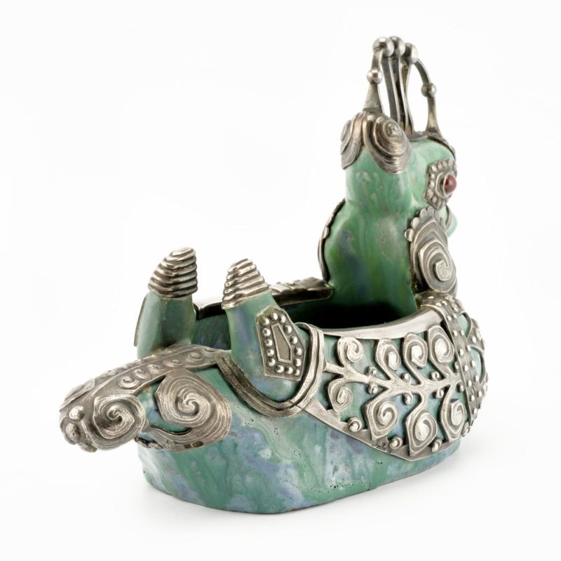 An extremely rare Fabergé gem-set silver-mounted ceramic duck form kovsh from the Imperial Stroganov School - Image 5