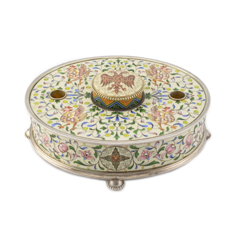 A rare Fabergé Moscow shaded cloisonné enamel inkwell