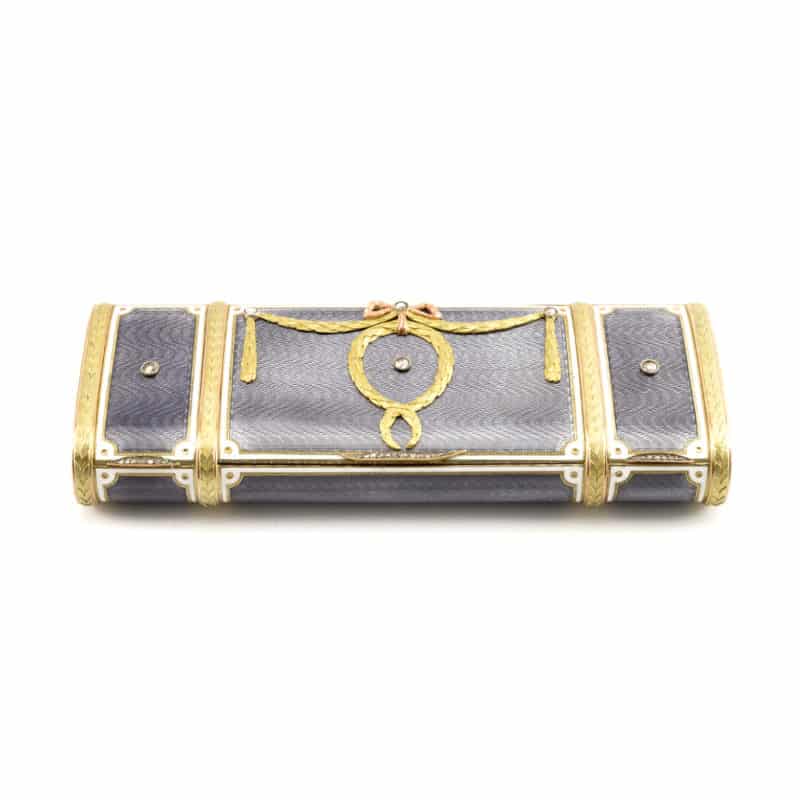 Fabergé Wigström two-color gold mounted jeweled guilloché enamel vanity case