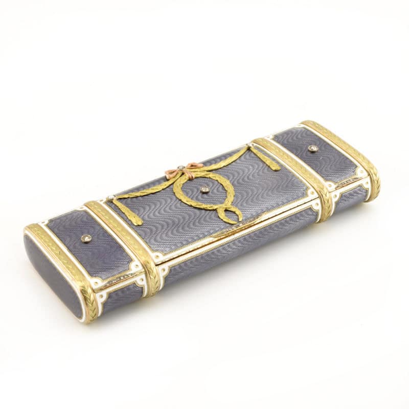 Fabergé Wigström two-color gold mounted jeweled guilloché enamel vanity case - Image 2