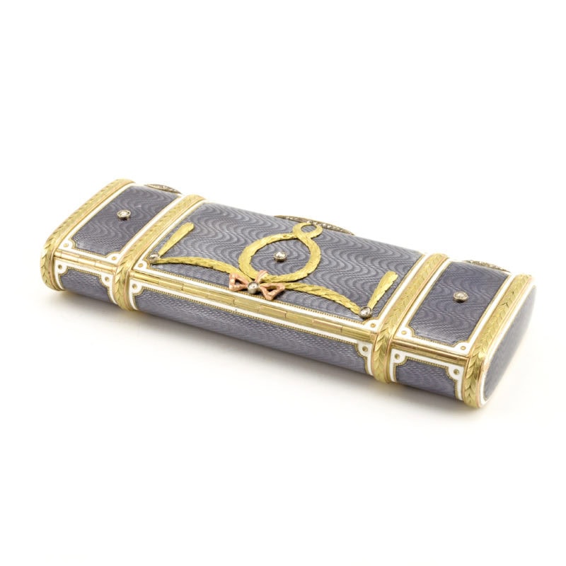 Fabergé Wigström two-color gold mounted jeweled guilloché enamel vanity case - Image 3