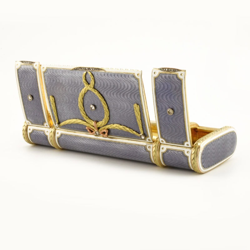 Fabergé Wigström two-color gold mounted jeweled guilloché enamel vanity case - Image 4