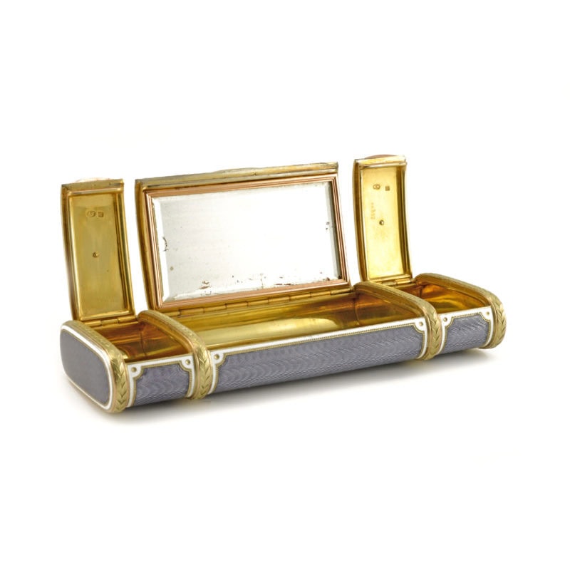 Fabergé Wigström two-color gold mounted jeweled guilloché enamel vanity case - Image 5