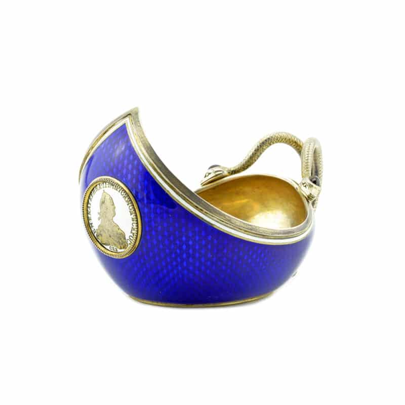Important Fabergé Anna Ringe silver gilt & guilloché enamel presentation kovsh