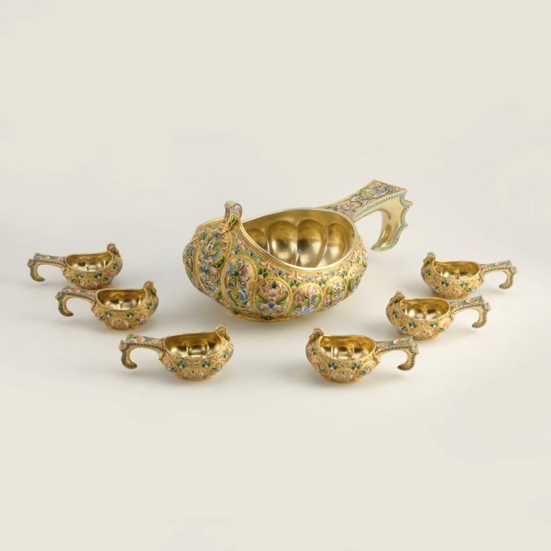 Russian Saltykov gilded silver & shaded cloisonné enamel punch set