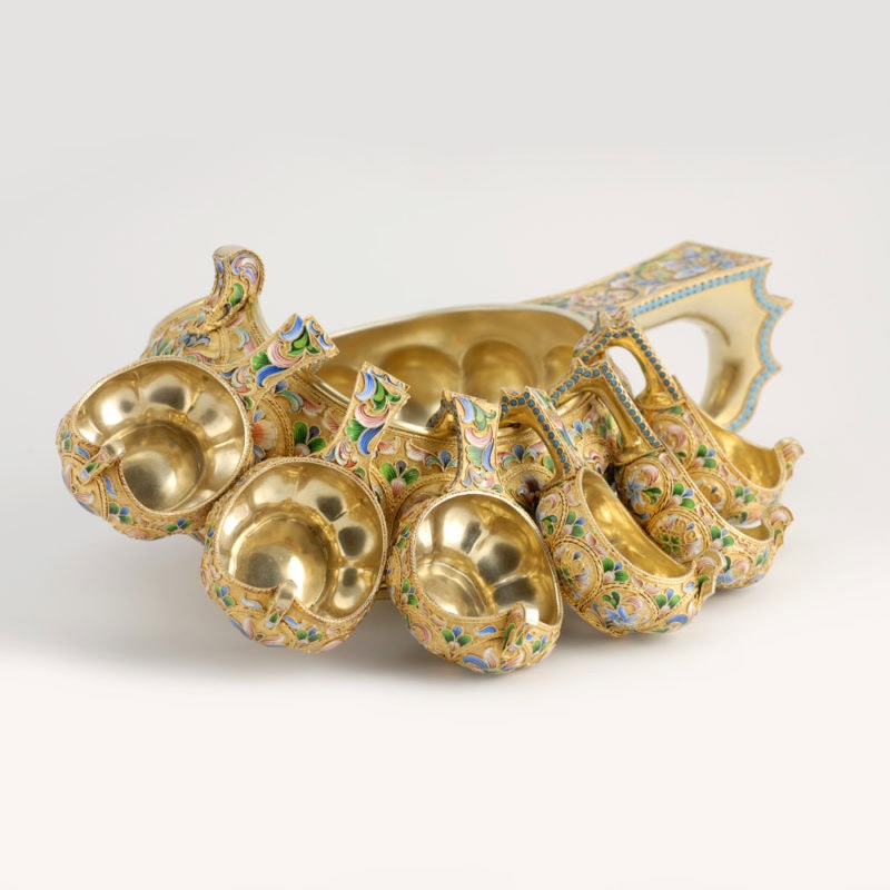 Russian Saltykov gilded silver & shaded cloisonné enamel punch set - Image 2