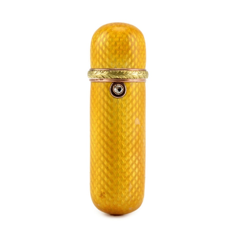 A Fabergé Perchin jeweled two-color gold & guilloché enamel scent bottle